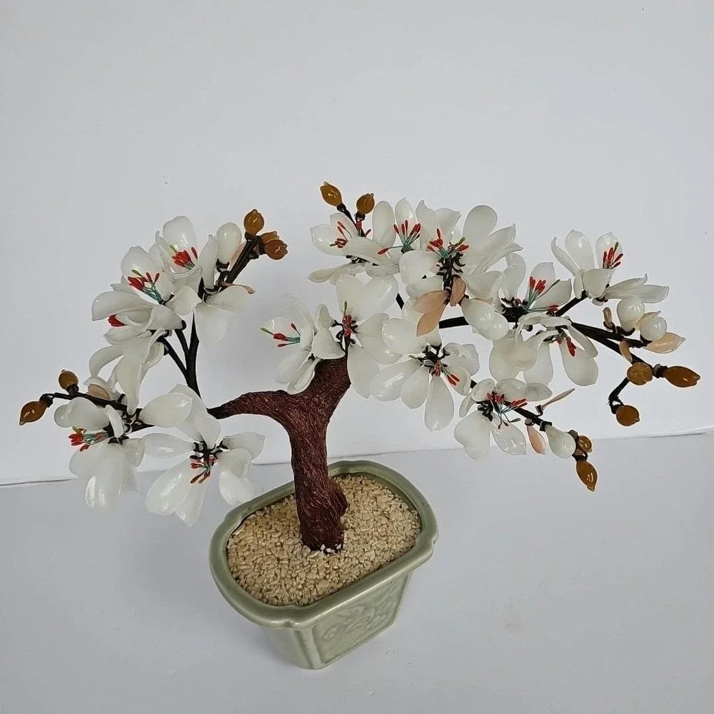 Vintage Chinese Glass Bonsai Tree White Flower Celadon Pot Chinoiserie Decor